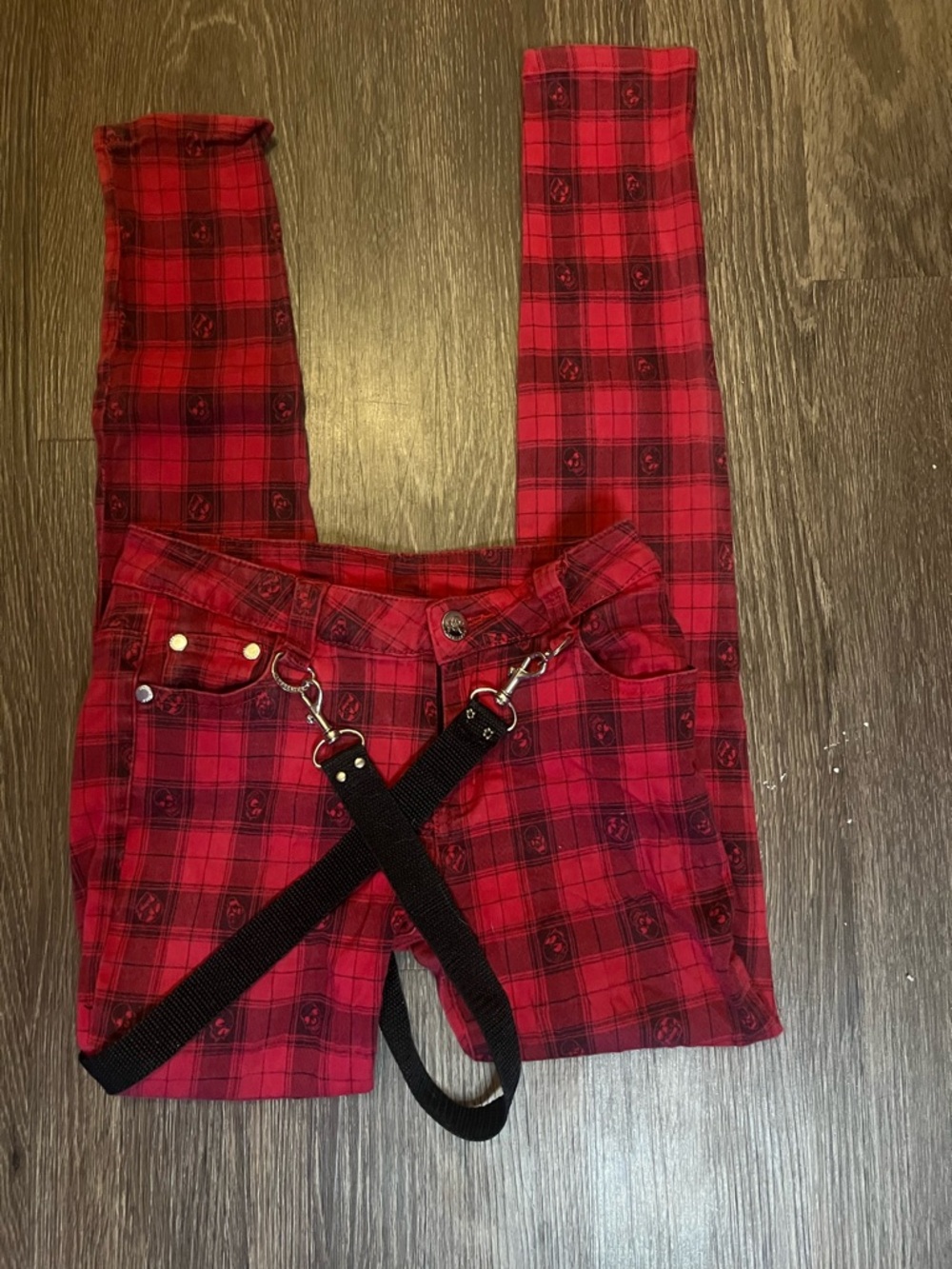 Jawbreaker Punk Red Plaid Skinny Pants with Black Straps